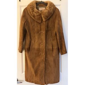 Vintage Camel Suede Coat w/ Real Fur Collar Small 60s 70s Button Front Excellent